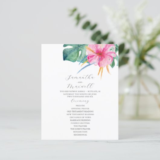 Tropical Wedding Ceremony Programs Pink Flowers (Stehend Vorderseite)