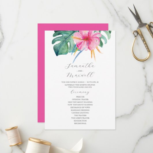 Tropical Wedding Ceremony Programs Pink Flowers Programm (Vorderseite/Rückseite Beispiel)