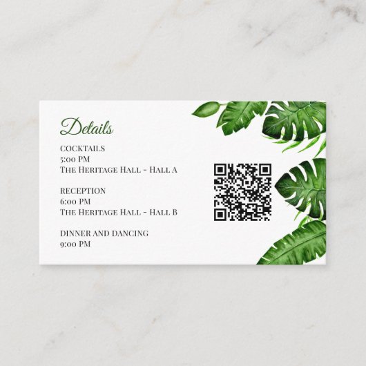 Tropical Wedding Details QR-Code Monstera Grünpfla Begleitkarte (Vorderseite)