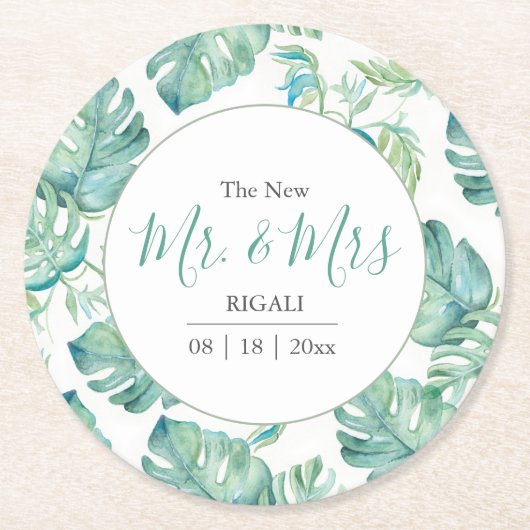Tropical Wedding Monstera Palm Leaf Runder Pappuntersetzer (Vorderseite)