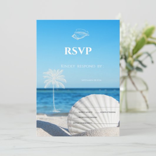 Tropical Wedding Ocean Beach RSVP Einladung (Stehend Vorderseite)