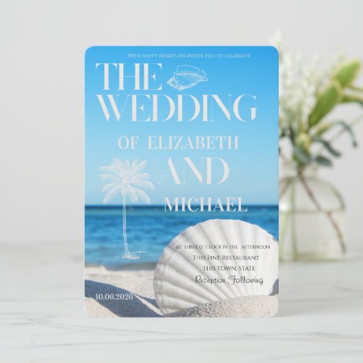 Tropical Wedding Ocean Beach Wedding Einladung (Stehend Vorderseite)