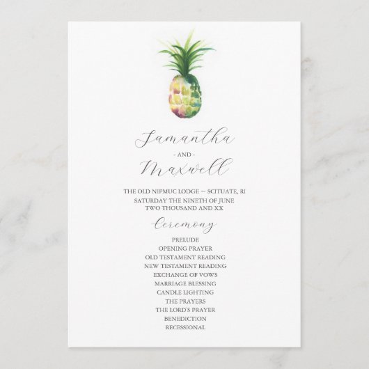 Tropical Wedding Programs Watercolor Pineapple Einladung (Vorderseite)