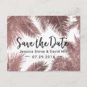 Tropical Wedding Rose Gold Palm Tree Save the Date Ankündigungspostkarte (Vorderseite)