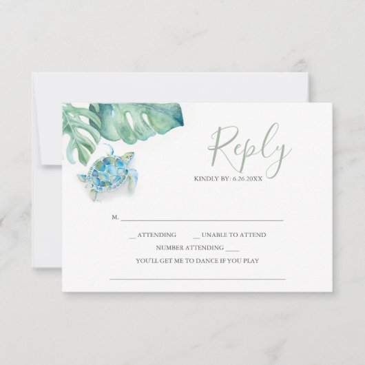 Tropical Wedding RSVP Cards Sea Turtle Palm Leaves Karte (Vorderseite)