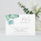 Tropical Wedding RSVP Cards Sea Turtle Palm Leaves Karte (Stehend Vorderseite)