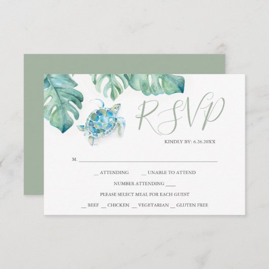 Tropical Wedding RSVP Cards Watercolor Sea Turtle (Vorne/Hinten)
