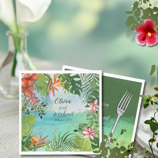 Tropical Wedding  Watercolor Hibiscus Palm Green Serviette