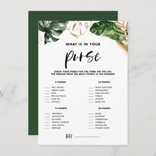 Tropical What's on Your Purse Brautparty Game E Begleitkarte (Vorne/Hinten)