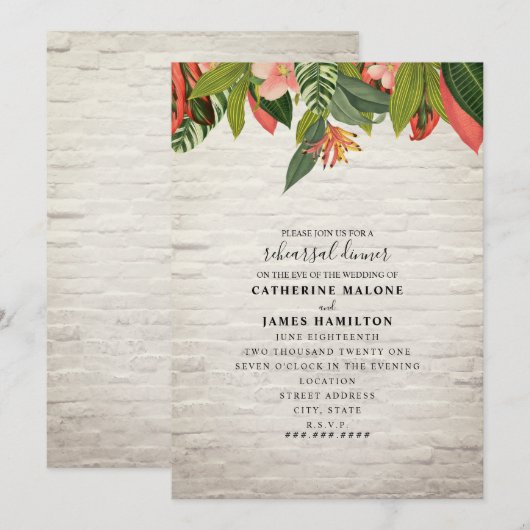 Tropical White Brick Wedding Probe Dinner Einladung (Vorne/Hinten)