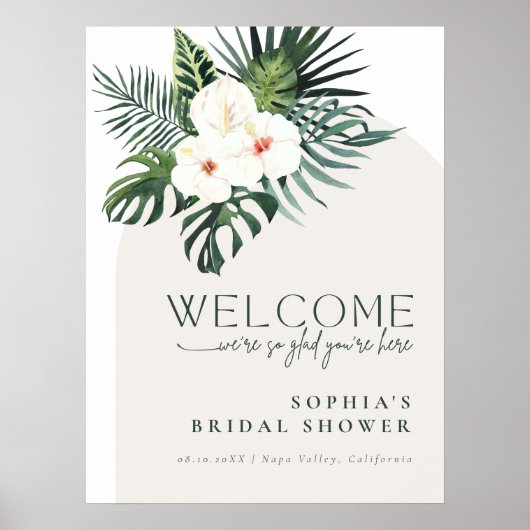 Tropical White Floral Arch Bridal Shower Welcome Poster (Vorne)