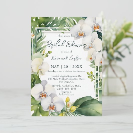 Tropical White Orchids Greenery Bridal Shower Einladung (Stehend Vorderseite)