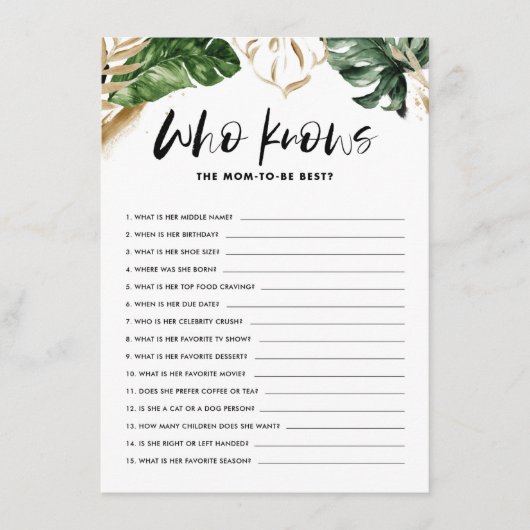 Tropical Who kennt Mama als bestes Baby Shower Gam Begleitkarte (Vorderseite)