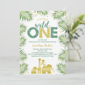 Tropical Wild One Gold Safari Animals Baby Dusche Einladung (Stehend Vorderseite)