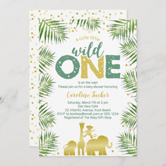 Tropical Wild One Gold Safari Animals Baby Dusche Einladung (Vorne/Hinten)