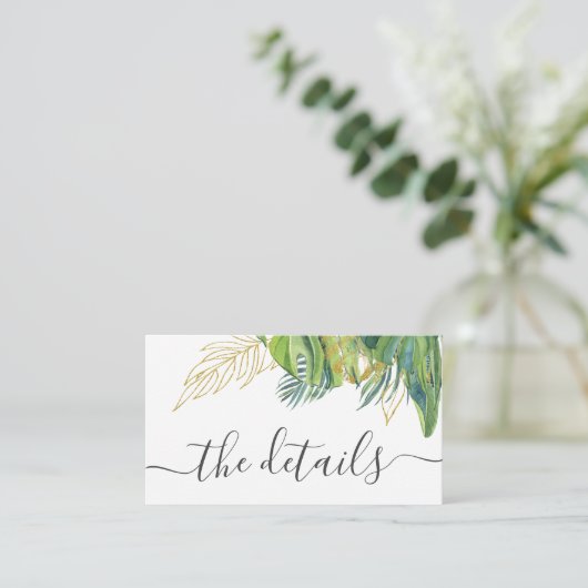 Tropical Wild Palm Blätter Hochzeitdetails Begleitkarte (Stehend Vorderseite)
