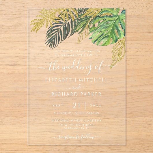 Tropical Wild Palm Blätter Wedding Acryleinladungen (Vorderseite)