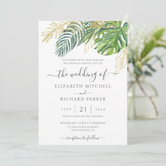 Tropical Wild Palm Blätter Wedding Einladung (Stehend Vorderseite)