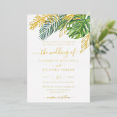 Tropical Wild Palm Blätter Wedding Folieneinladung (Stehend vorne)