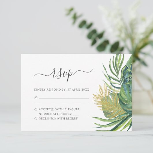 Tropical Wild Palm Blätter Wedding RSVP Karte (Stehend Vorderseite)