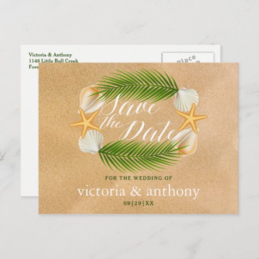 Tropical Wreath Sandy Beach Hochzeit Save the Date Ankündigungspostkarte (Vorne/Hinten)