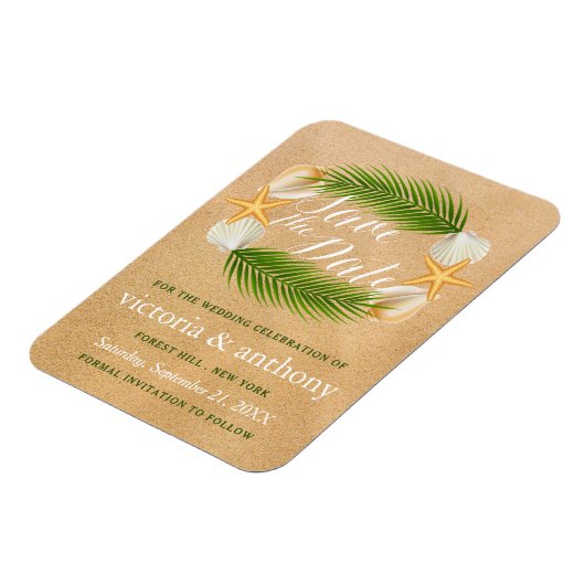 Tropical Wreath Sandy Beach Hochzeit Save the Date Magnet (Linke Seite)