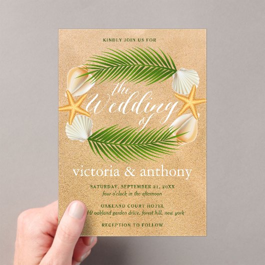 Tropical Wreath Sandy Beach Wedding Acryleinladungen (Insitu (Handheld))