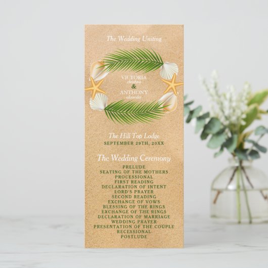 Tropical Wreath Sandy Beach Wedding Programm (Stehend Vorderseite)