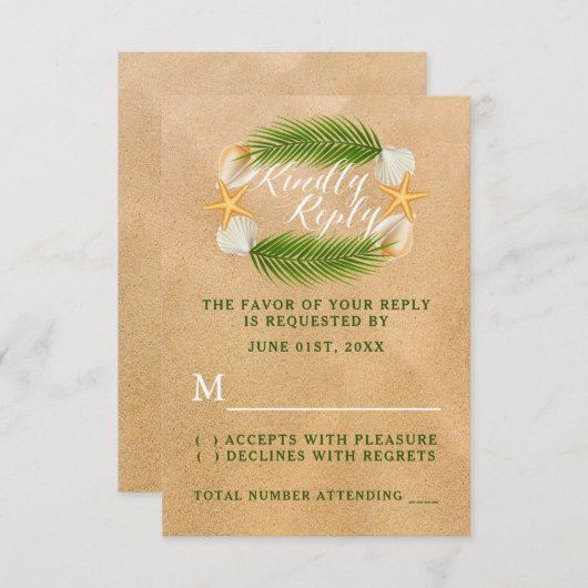 Tropical Wreath Sandy Beach Wedding RSVP Karte (Vorne/Hinten)