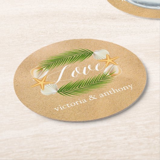 Tropical Wreath Sandy Beach Wedding Runder Pappuntersetzer (Angewinkelt)