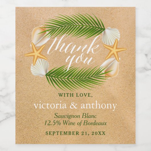 Tropical Wreath Sandy Beach Wedding Weinetikett (Einzelnes Label)