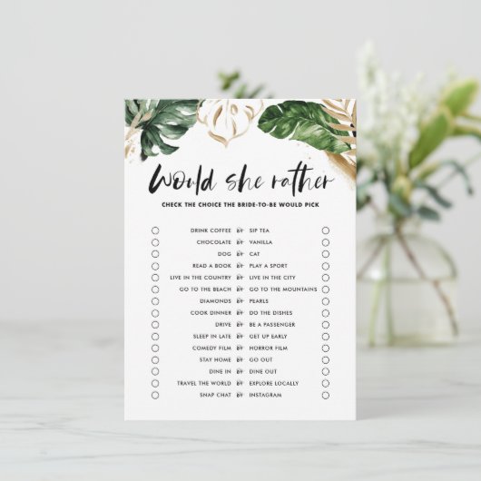 Tropical würde sie eher Brautparty-Spiel Begleitkarte (Stehend Vorderseite)