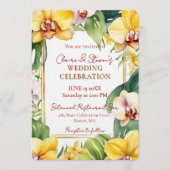 Tropical Yellow Orchid and Greenery Gold Wedding Einladung (Vorderseite)