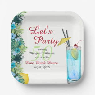 Tropicaler Sommer Blau Cocktail 50. Geburtstagsfei Pappteller