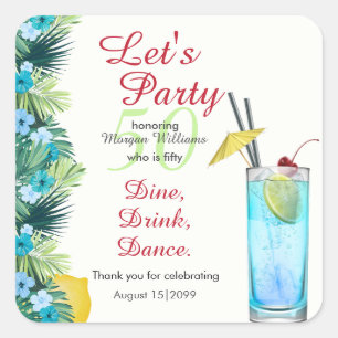 Tropicaler Sommer Blau Cocktail 50. Geburtstagsfei Quadratischer Aufkleber