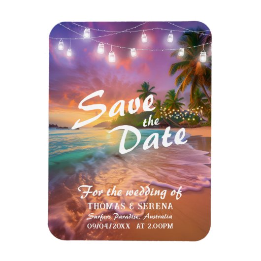 Tropicaler Sonnenuntergangsstrand QR-Code Save The Magnet (Vertikal)