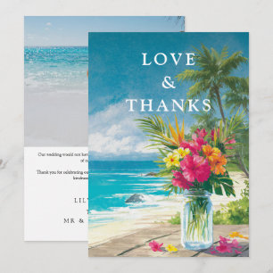 Tropicaler Strand, Blumendeko in Mason-Krug Hochze Dankeskarte