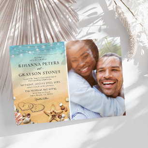 Tropicaler Strand Herz Foto Hochzeit Einladung