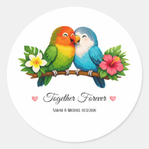 Tropicalische Liebesvögel Hochzeit für immer zusam Runder Aufkleber