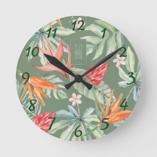 Tropics Blume Foliage Fantasy mit Monogram Runde Wanduhr