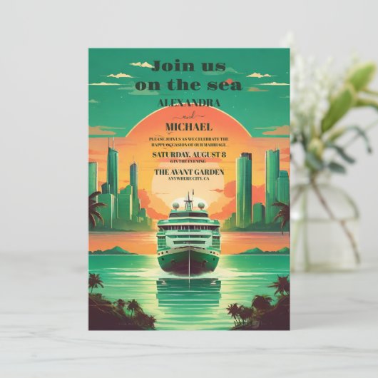 Tropics Seascape Beach Cruise Wedding Einladung (Stehend Vorderseite)