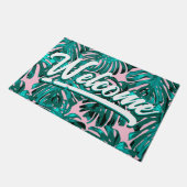 Tropisch-Aquamarin-rosa Monstera-Dschungel-Blätter Fußmatte (Schrägansicht)