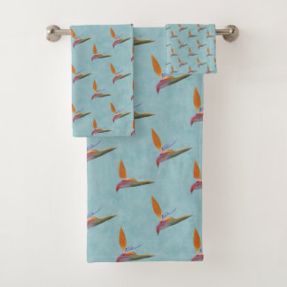 Tropisch Aquamariner Paradiesvogel handGezeichnet Badhandtuch Set