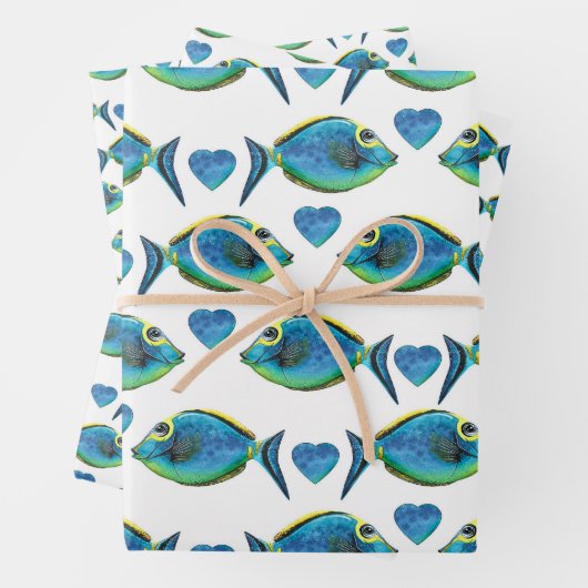 Tropisch blauer Fisch und Herz Geschenkpapier Set (Beispiel)