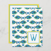 Tropisch blauer Fisch und Herz-Monogramm Mitteilungskarte (Vorne/Hinten)