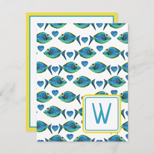 Tropisch blauer Fisch und Herz-Monogramm Mitteilungskarte (Vorne/Hinten)