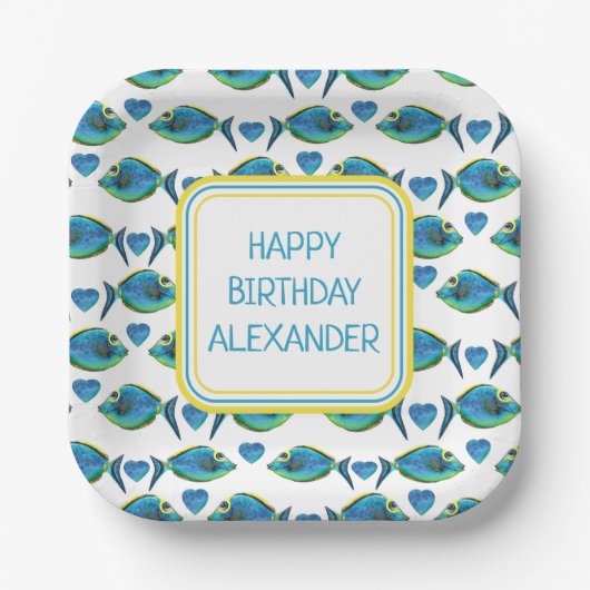 Tropisch blauer Fisch und Herz Pappteller (Vorderseite)