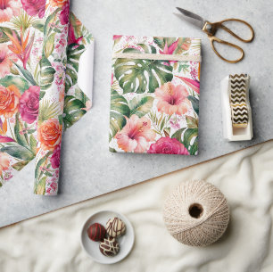 Tropisch Blumig Farbige   Hibiskus & Grünpflanzen Geschenkpapier