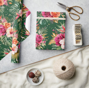 Tropisch Blumig   Hibiskus & Grünpflanzen Geschenkpapier