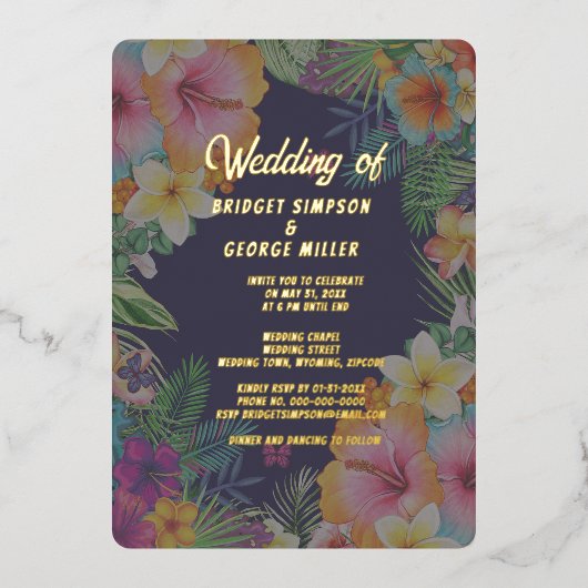 Tropisch bunter Hibiskus hawaiianische Sommerhochz Folieneinladung (Vorderseite)